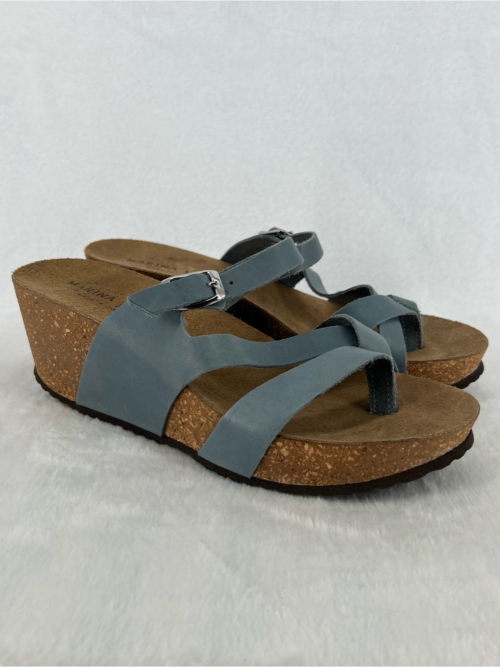 Marina Luna Women’s Blue Leather Wedge Thong Sandals Buckle Straps Sz 8.5 Cork